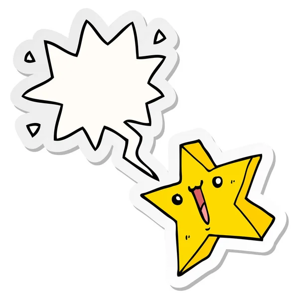 Desenho animado estrela feliz e adesivo de bolha de fala — Vetor de Stock