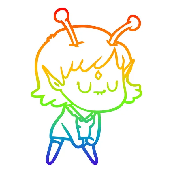 Arco-íris linha gradiente desenho cartoon menina alienígena fazendo músculo po — Vetor de Stock