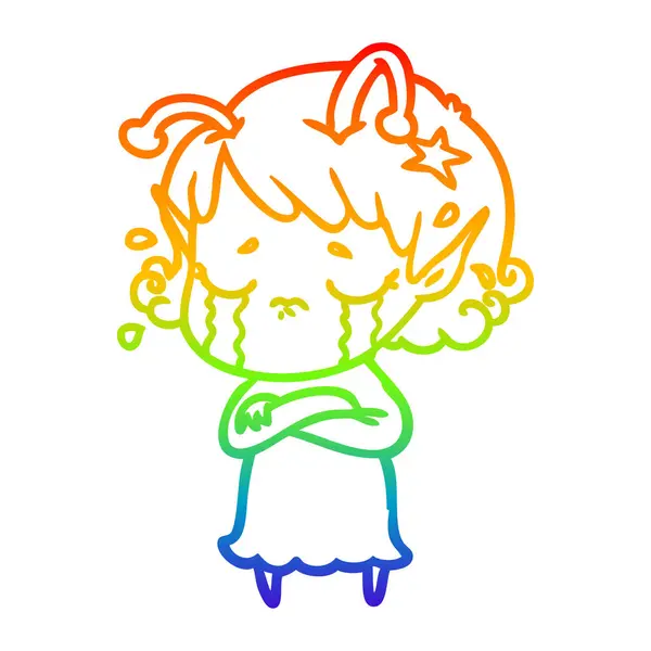 Rainbow gradient linje ritning tecknad Crying Alien Girl — Stock vektor