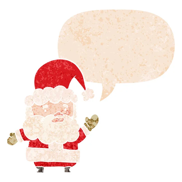 Desenho animado Papai Noel e bolha de fala em estilo retro texturizado — Vetor de Stock