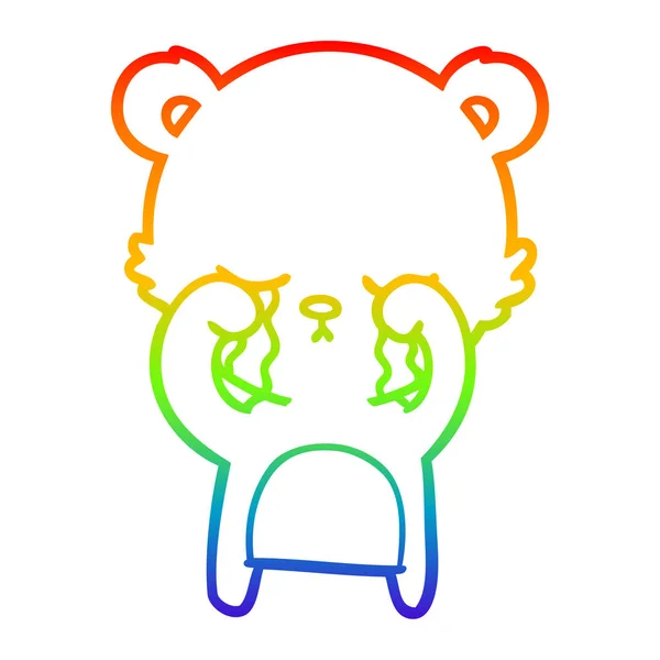 Радужная градиентная линия рисунок плачущий мультяшный медведь — стоковый вектор
