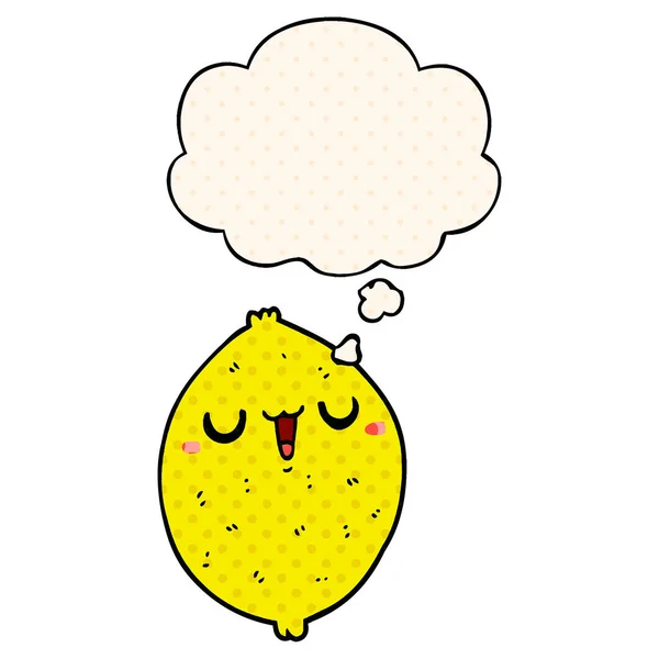 Cartoon happy lemon and thought bubble in comic book style — Stock Vector