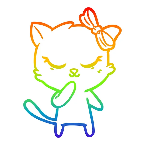 Rainbow gradient line drawing cute cartoon cat with bow — Stock Vector