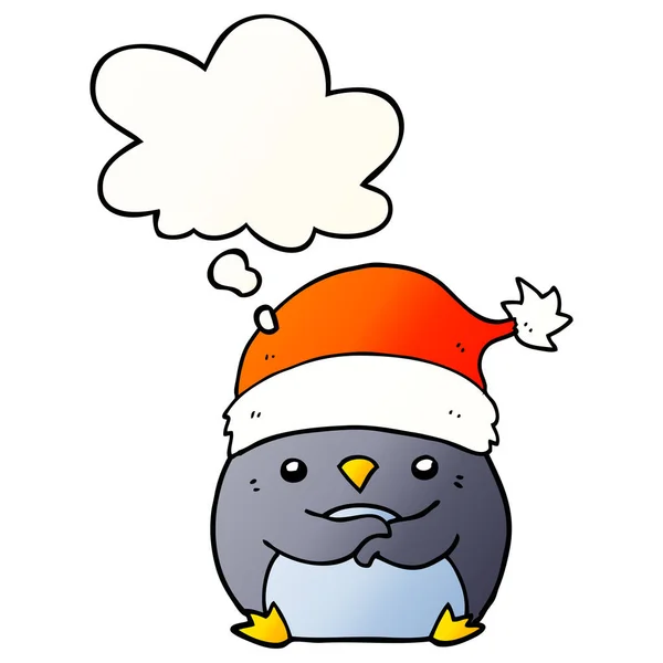 Leuke cartoon pinguïn dragen kerstmuts en dacht bubble in — Stockvector