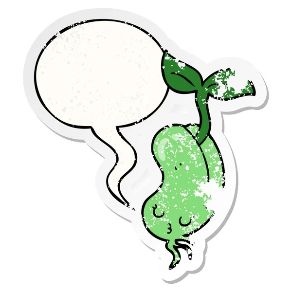 Cartoon sprouting bean and speech bubble distressed sticker — Stock Vector