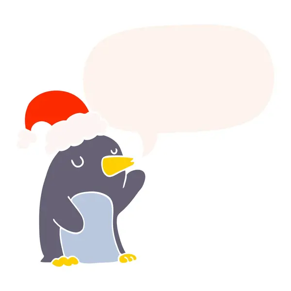 Mignon dessin animé pingouin de Noël et bulle de la parole dans le style rétro — Image vectorielle