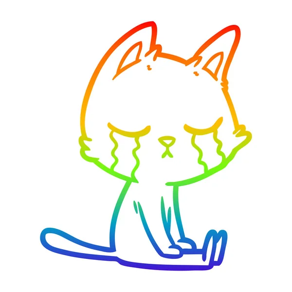 Arco iris gradiente línea dibujo llorando dibujos animados gato sentado — Archivo Imágenes Vectoriales