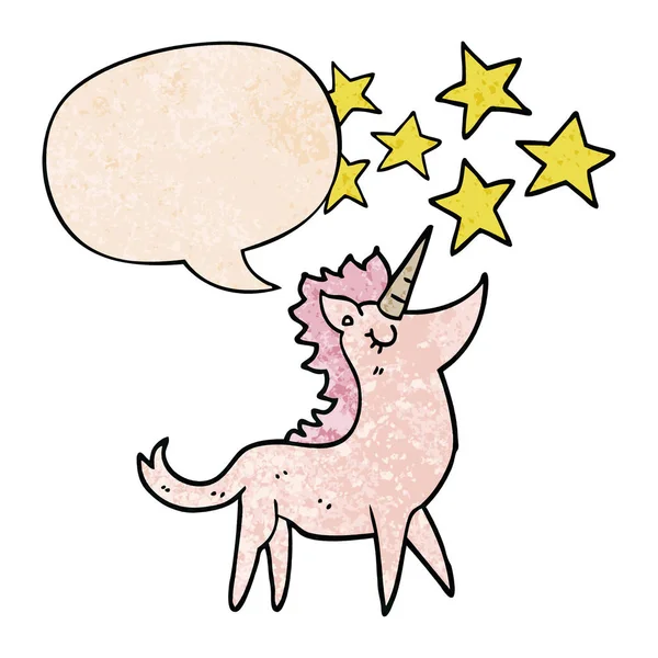 Unicornio de dibujos animados y burbuja del habla en estilo de textura retro — Archivo Imágenes Vectoriales