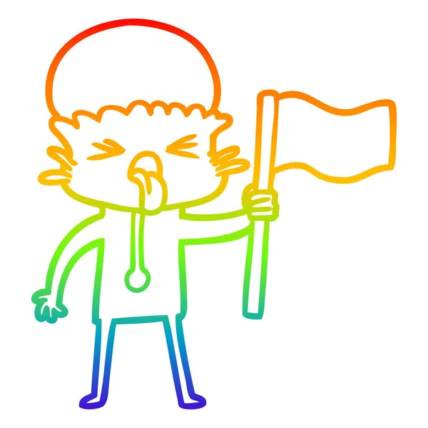 Rainbow gradient line drawing weird cartoon alien waving flag — Stock Vector