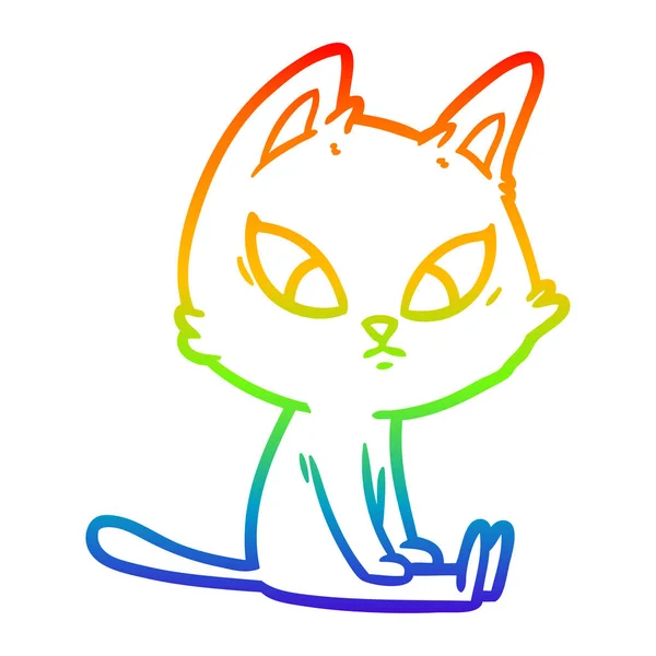 Rainbow gradient line drawing confused cartoon cat — Stock Vector