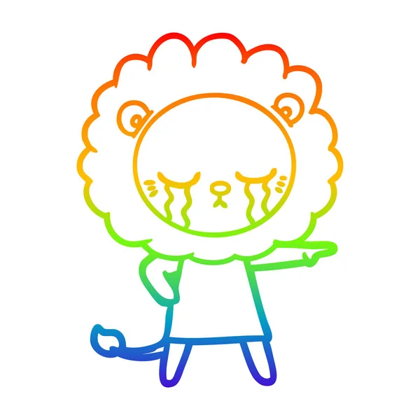 Rainbow gradient line drawing crying cartoon lion — Stock Vector