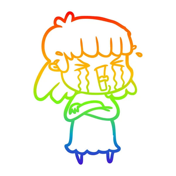 Regenboog gradiënt lijntekening cartoon vrouw in tranen — Stockvector