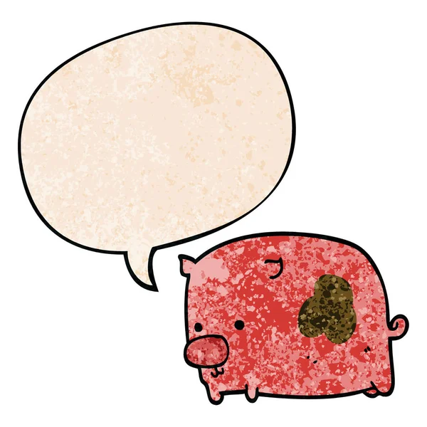 Cochon de dessin animé et bulle de parole dans le style de texture rétro — Image vectorielle