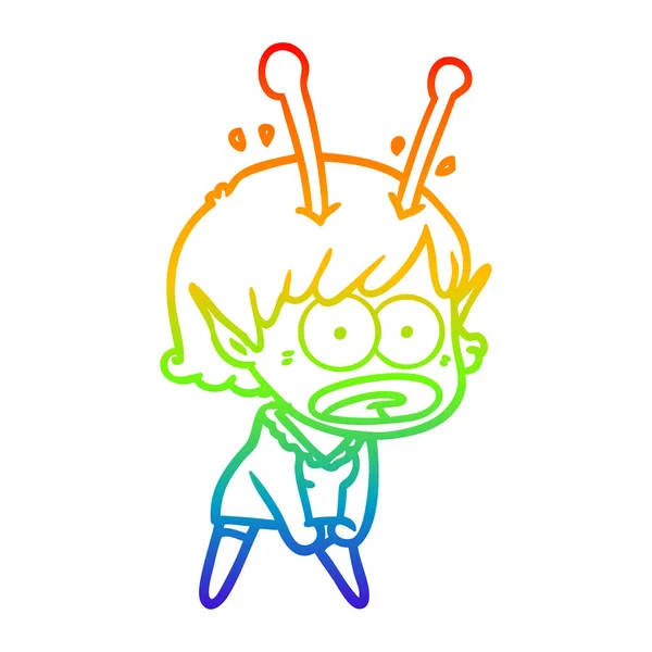 Arcobaleno gradiente linea disegno cartone animato scioccato ragazza aliena — Vettoriale Stock