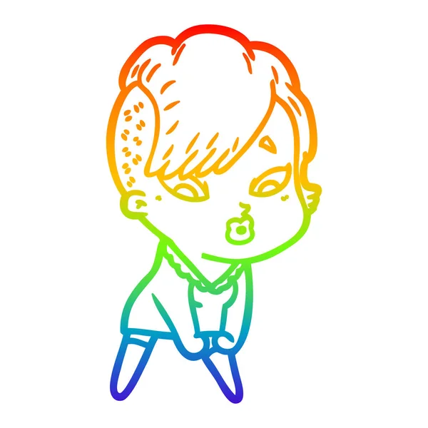Rainbow gradien line drawing cartoon surprised girl - Stok Vektor