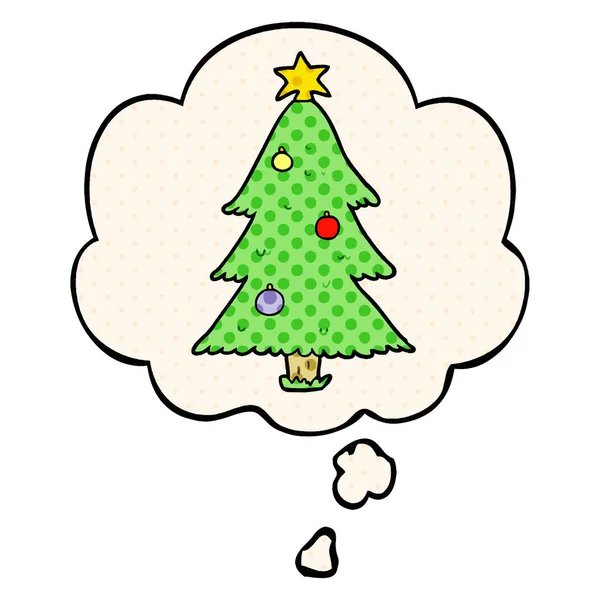 Arbre de Noël dessin animé et bulle de pensée dans le style de bande dessinée — Image vectorielle