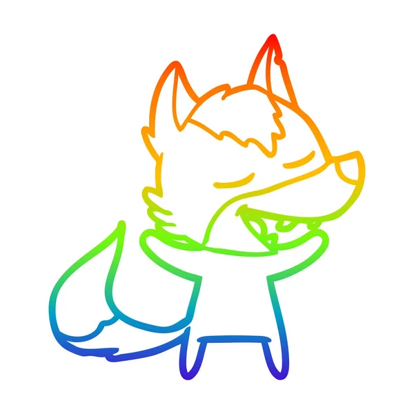 Regenboog gradiënt lijntekening cartoon Wolf lachen — Stockvector