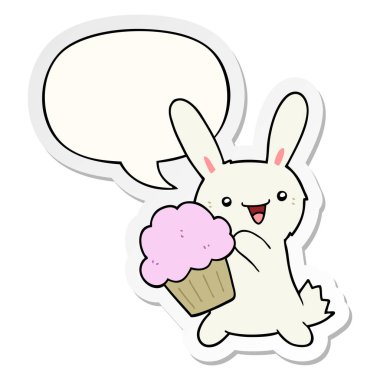 sevimli karikatür tavşan ve muffin ve konuşma kabarcık etiket