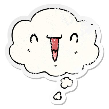 sevimli mutlu karikatür yüz ve sıkıntılı yıpranmış olarak kabarcık düşünce 