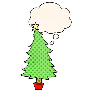 çizgi film noel ağacı ve çizgi roman tarzında düşünce balonu