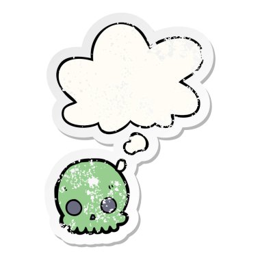 karikatür kafatası ve sıkıntılı yıpranmış etiket olarak kabarcık düşünce