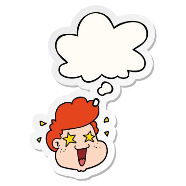 karikatür çocuk yüzü ve baskılı bir etiket olarak kabarcık düşünce