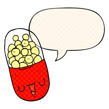 çizgi roman tarzında karikatür tıbbi hap ve konuşma balonu