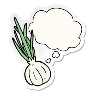 karikatür sarımsak ve baskılı bir etiket olarak kabarcık düşünce
