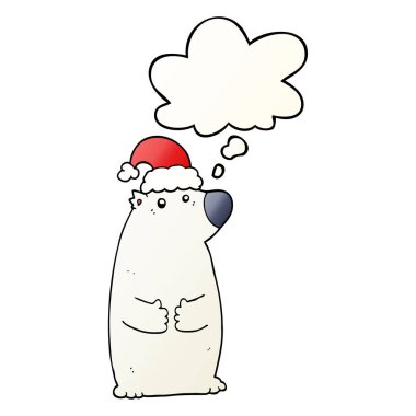 karikatür ayı noel şapkası giyen ve pürüzsüz bir düşünce balonu 