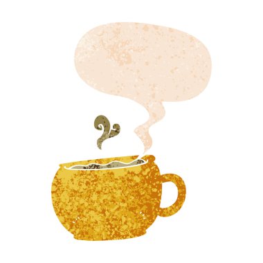 retro dokulu tarzda karikatür kahve fincanı ve konuşma balonu