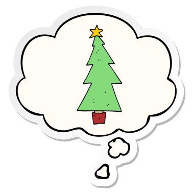 karikatür noel ağacı ve baskılı bir etiket olarak kabarcık düşünce