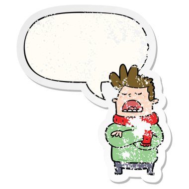 kış giysileri ve konuşma kabarcık distre karikatür adam