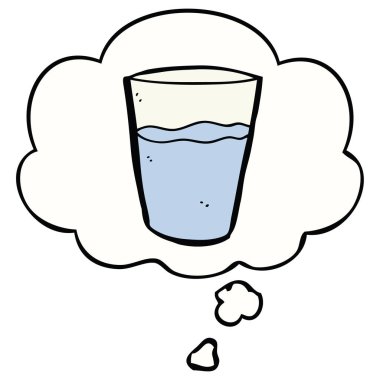karikatür cam su ve düşünce kabarcığı