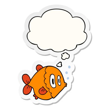 karikatür balık ve baskılı bir etiket olarak kabarcık düşünce