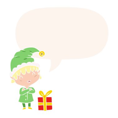 retro tarzında karikatür mutlu noel elf ve konuşma balonu