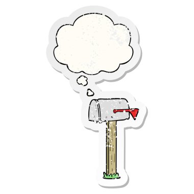 karikatür posta kutusu ve sıkıntılı yıpranmış etiket olarak kabarcık düşünce