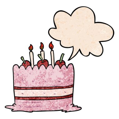 retro doku tarzında karikatür doğum günü pastası ve konuşma balonu
