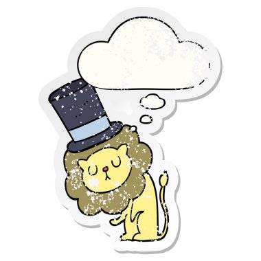 sevimli karikatür aslan üst şapka giyen ve bir distre olarak kabarcık düşünce