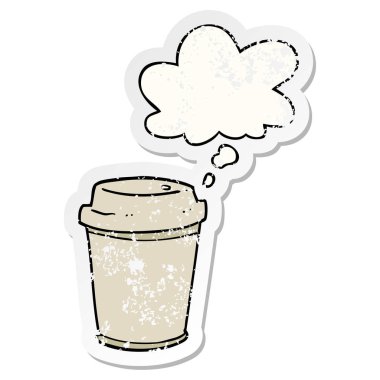 karikatür paket kahve fincanı ve sıkıntılı bir wo olarak kabarcık düşünce