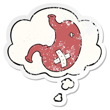 karikatür mide ve sıkıntılı yıpranmış etiket olarak kabarcık düşünce
