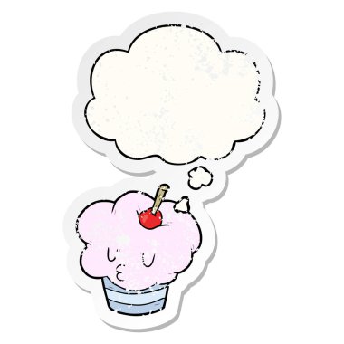 karikatür cupcake ve sıkıntılı yıpranmış etiket olarak kabarcık düşünce