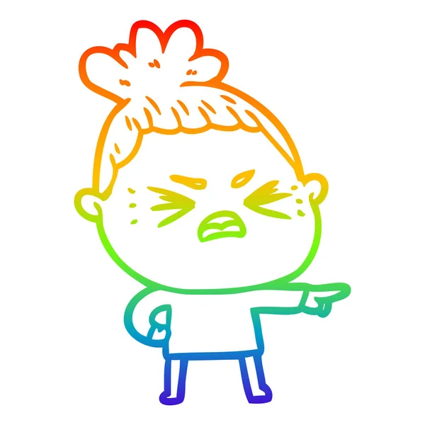 Rainbow gradient line drawing cartoon angry woman — Stock Vector