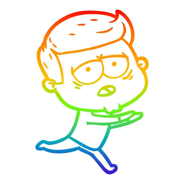 Regenboog gradiënt lijntekening cartoon vermoeide man — Stockvector