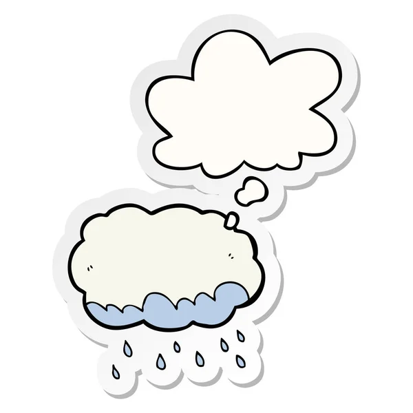 Nube de lluvia de dibujos animados y burbuja de pensamiento como una pegatina impresa — Vector de stock