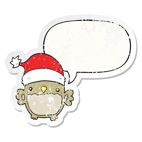 Coruja de Natal bonito e bolha de fala adesivo angustiado —  Vetores de Stock