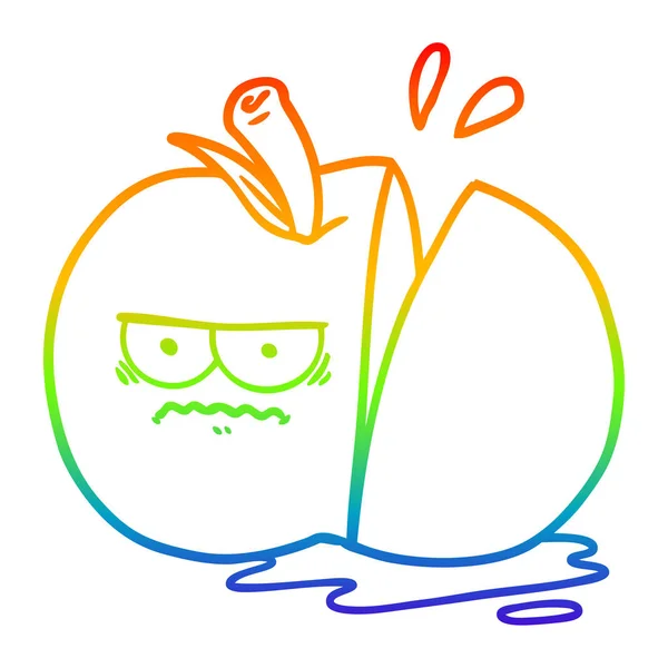 Радужная градиентная линия рисунок мультфильма сердитый нарезанный яблоко — стоковый вектор