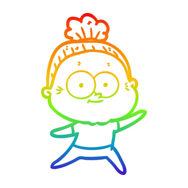 Regenboog gradiënt lijntekening cartoon gelukkig oude vrouw — Stockvector