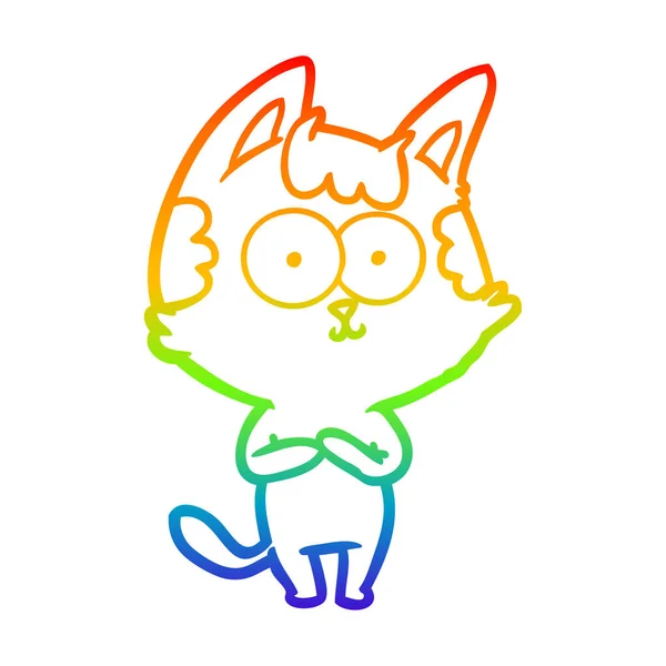 Rainbow gradient line drawing happy cartoon cat — Stock Vector