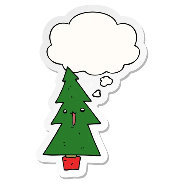 Tecknad julgran och tankebubbla som en tryckt klistermärke — Stock vektor