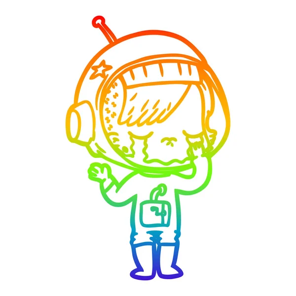 Rainbow gradient line drawing cartoon crying astronaut girl — Stock Vector